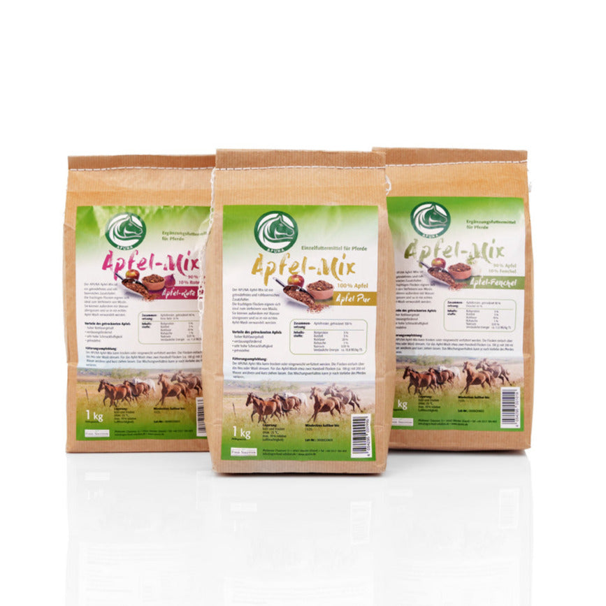 Drei Tüten mit verschiedenen Sorten Apfel-Mix von APUNA